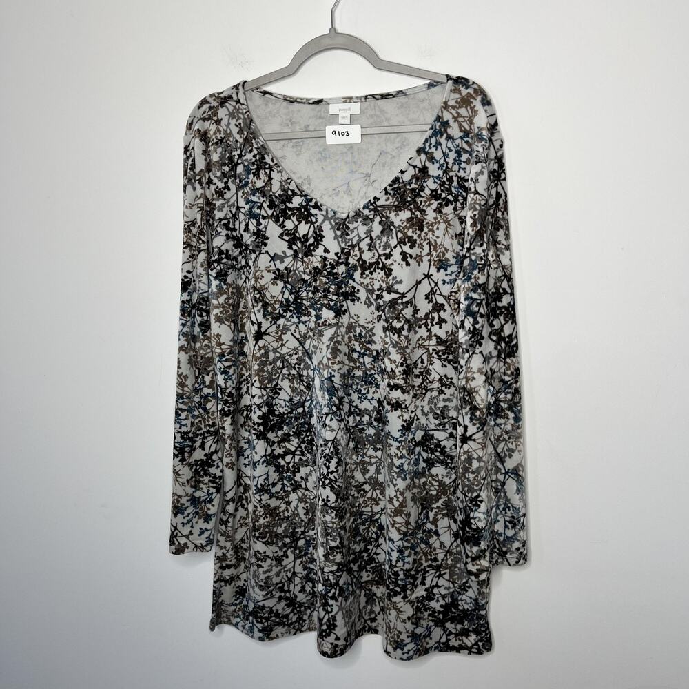 Pure Jill Tunic Top Womens Large‎ Velour Velvet Floral Long Sleeve Stretch Shirt